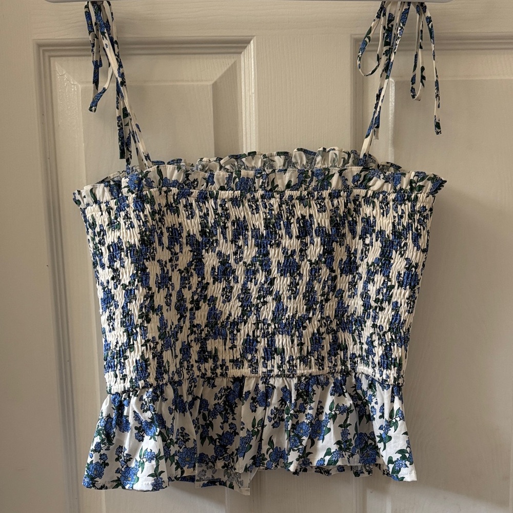 AUREUM Blue and White Floral Smocked Camisole
